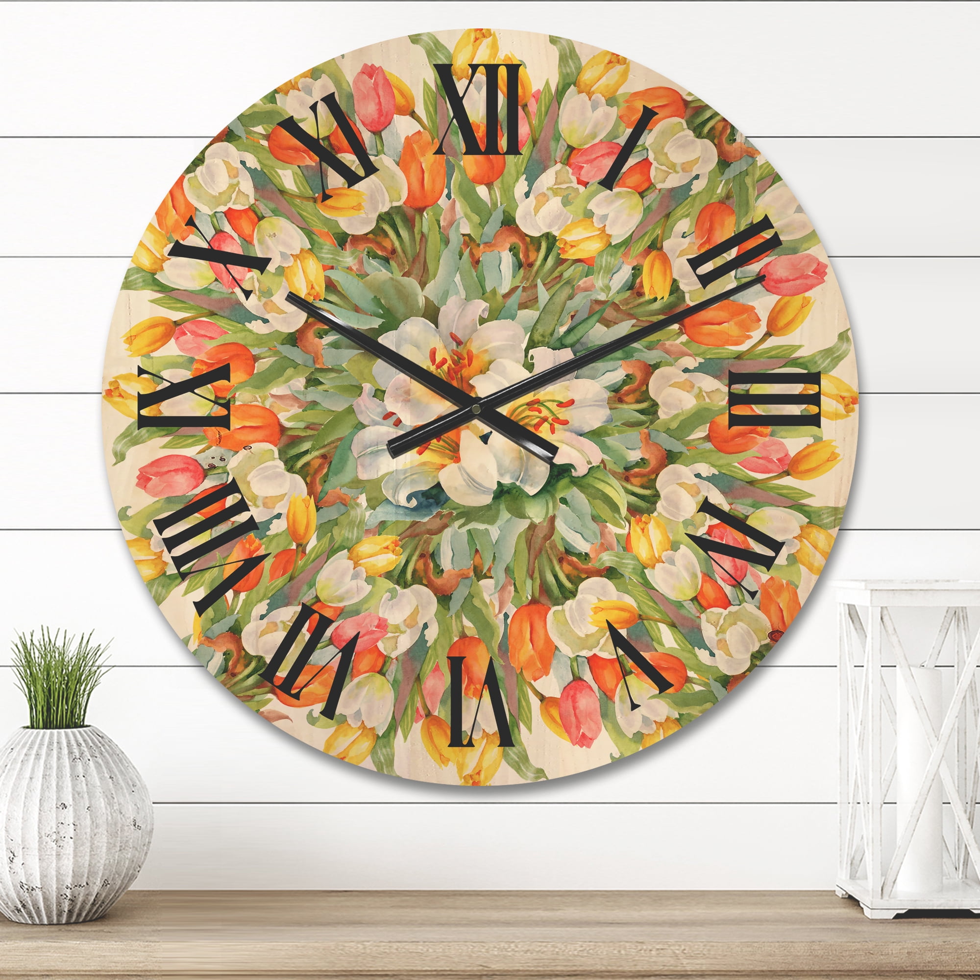 Designart 'Blooming Orange and White Tulips I' Traditional Wood Wall Clock