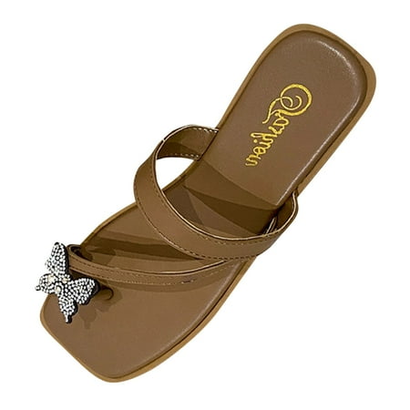 

MIASHUI Summer Sandals for Women 2024 Summer Fashion Slippers Women s Square Head Butterfly Toe Slippers Wearing Water Diamond Flat Bottom Sandals Outside Khaki 7