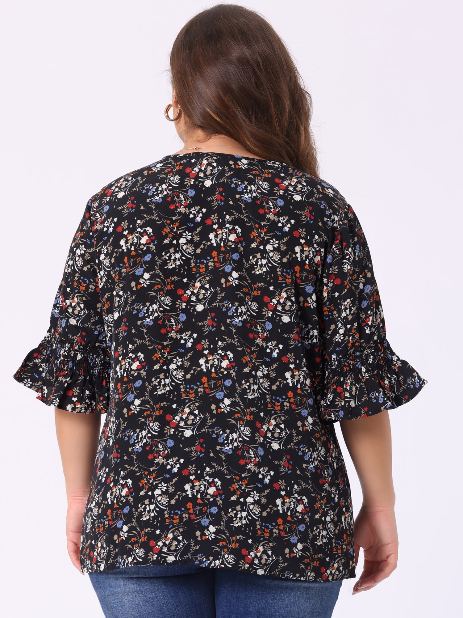 DARING DIVA Women's Plus Ruffle Loose V Neck Smocked Sleeves Top 3X Black