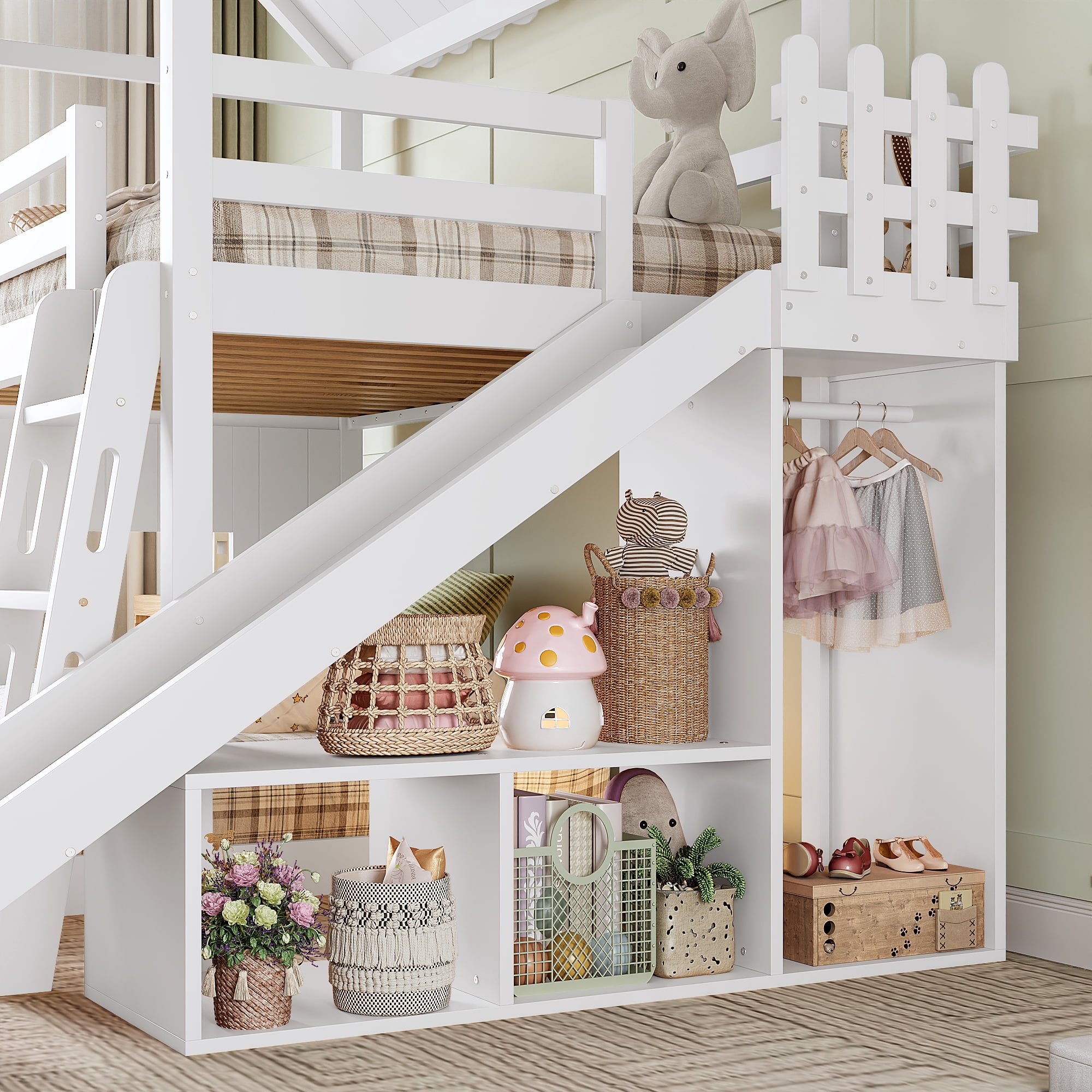 Twin over Full House Bunk Bed with Slide & Ladder, Wood Playhouse Bunk Bed with Storage Shelves & Wardrobe, Floor Bunk Bed for All Ages, White