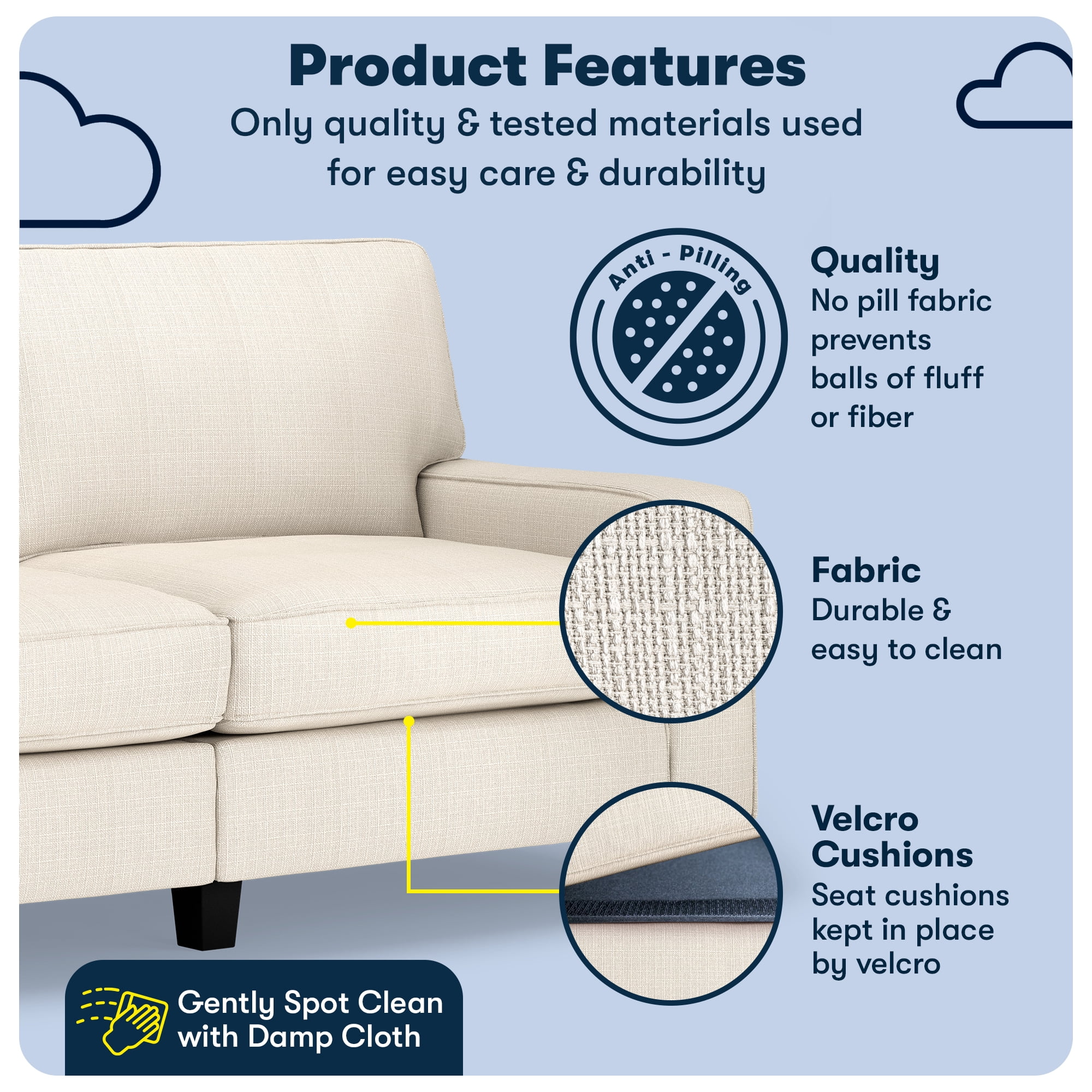 Serta Palisades 73" Track Arm Sofa, Easy Care Polyester, Loveseat or Couch for Small Spaces, Buckwheat Beige
