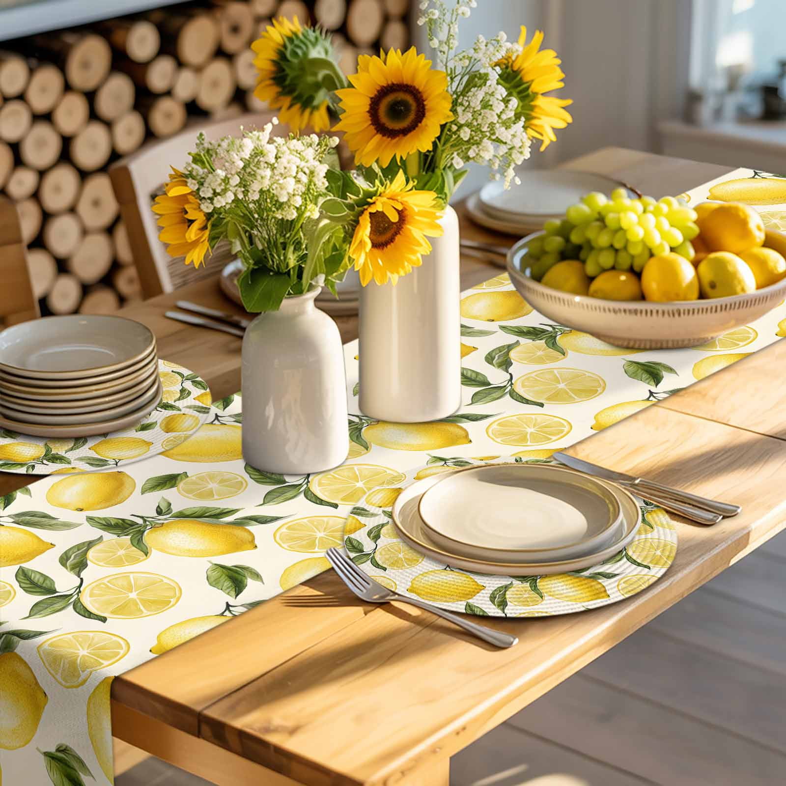 Summer Yellow Lemons Round Table Placemats set of 8, Watercolor Green Floral Leaves Washable Woven Place Mats for Dining Tables Kitchen Party Decor,Heat Proof, 15in,