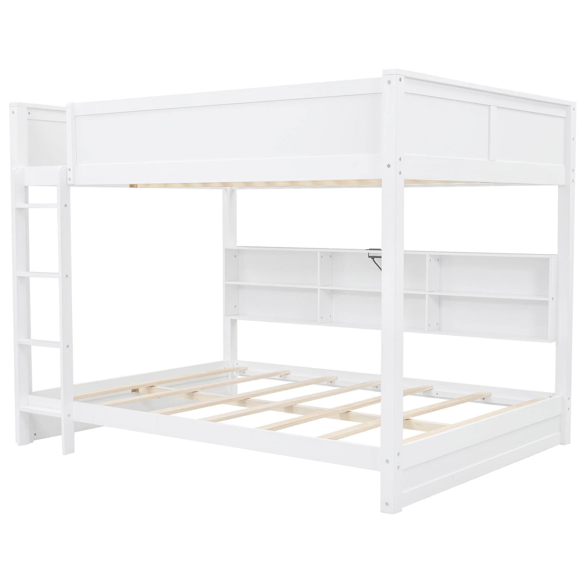 Euroco Wood Queen over Queen Bunk Bed with Bookcase, Shelves and USB Charging Station for Kids Teens, White