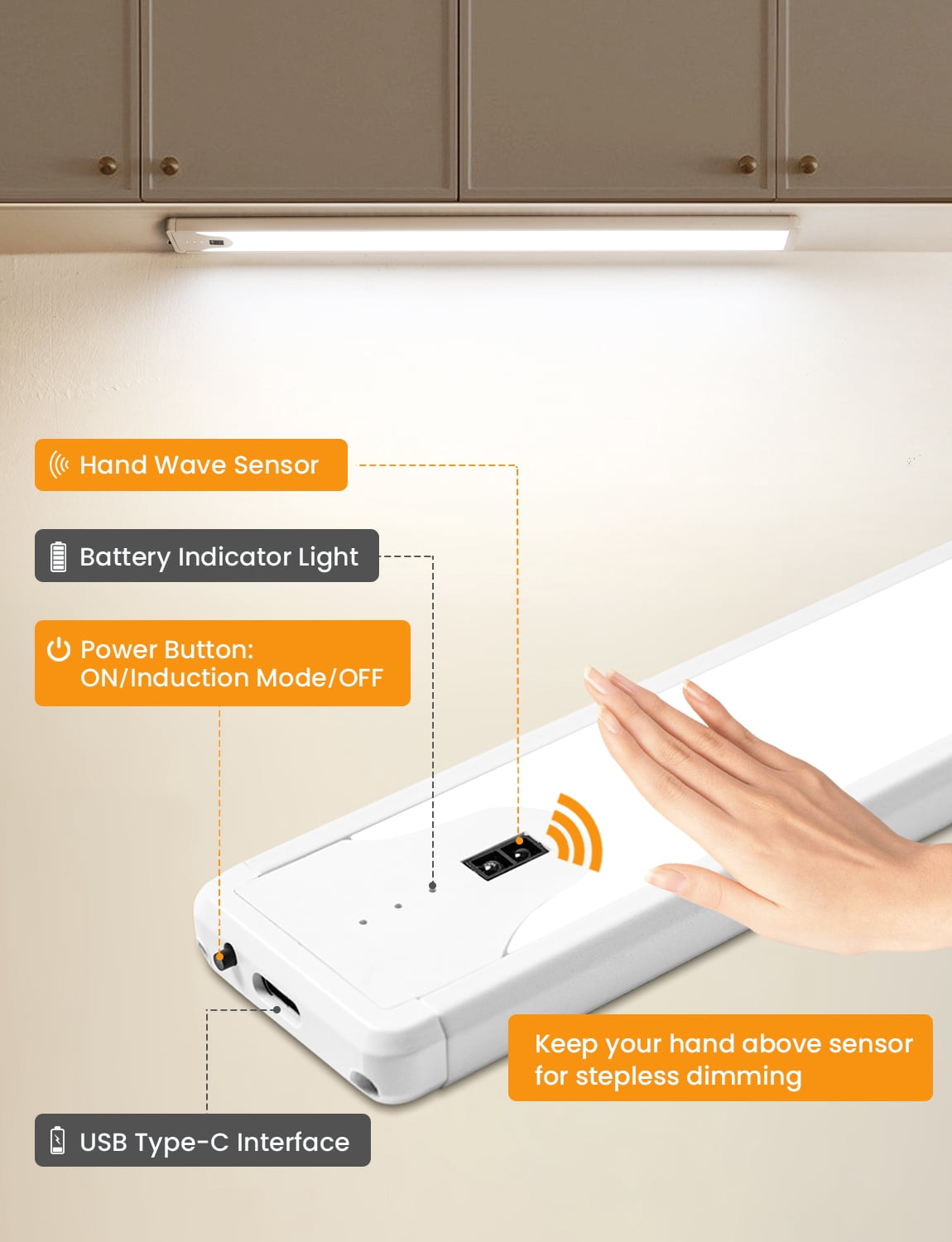 YULINKCO 16 Inch Under Cabinet Light, Hand Wave Sensor LED Cabinet Lighting, Rechargeable Wireless Closet Light, Stepless Dimming Under Counter Light for Kitchen, 2 Pack