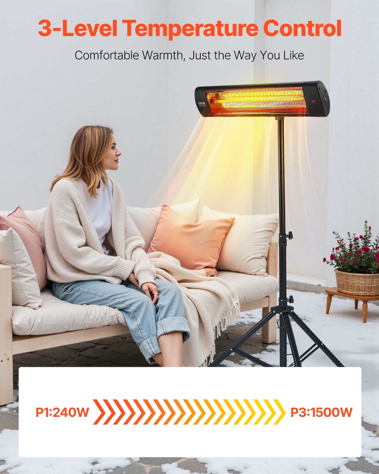 VEVOR Infrared Heater, 1500W Electric Space Heater with Remote Control, LED Screen w/ 3 Speeds & Timer, Outdoor/Outdoor for Patio,Porch,Dining Room,Studio