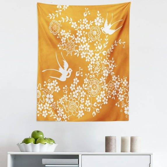 Orange Tapestry, Oriental Floral Japanese Style Flying Birds Pastel Colored Spring Pattern, Fabric Wall Hanging Decor for Bedroom Living Room Dorm, 5 Sizes, Marigold White, by Ambesonne