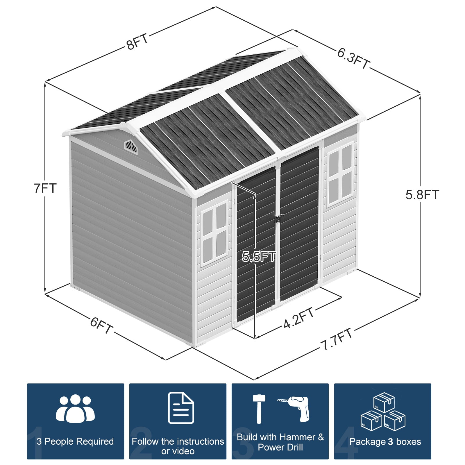 JULY'S SONG Outdoor Storage Shed with Floor, 8x6 FT Resin Sheds with Lockable Door & 2 Windows, Vent, Waterproof Plastic Storage Sheds for Outside, Grey