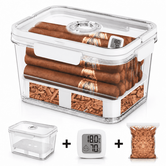 ChrumpTon Clear Cigar Humidor Box with Hygrometer and Cedar Chips, Gasket-Sealed Desktop Cigar Storage Case Holds Approximately 15-30 Cigars, Christmas and Father's Day Gift for Men