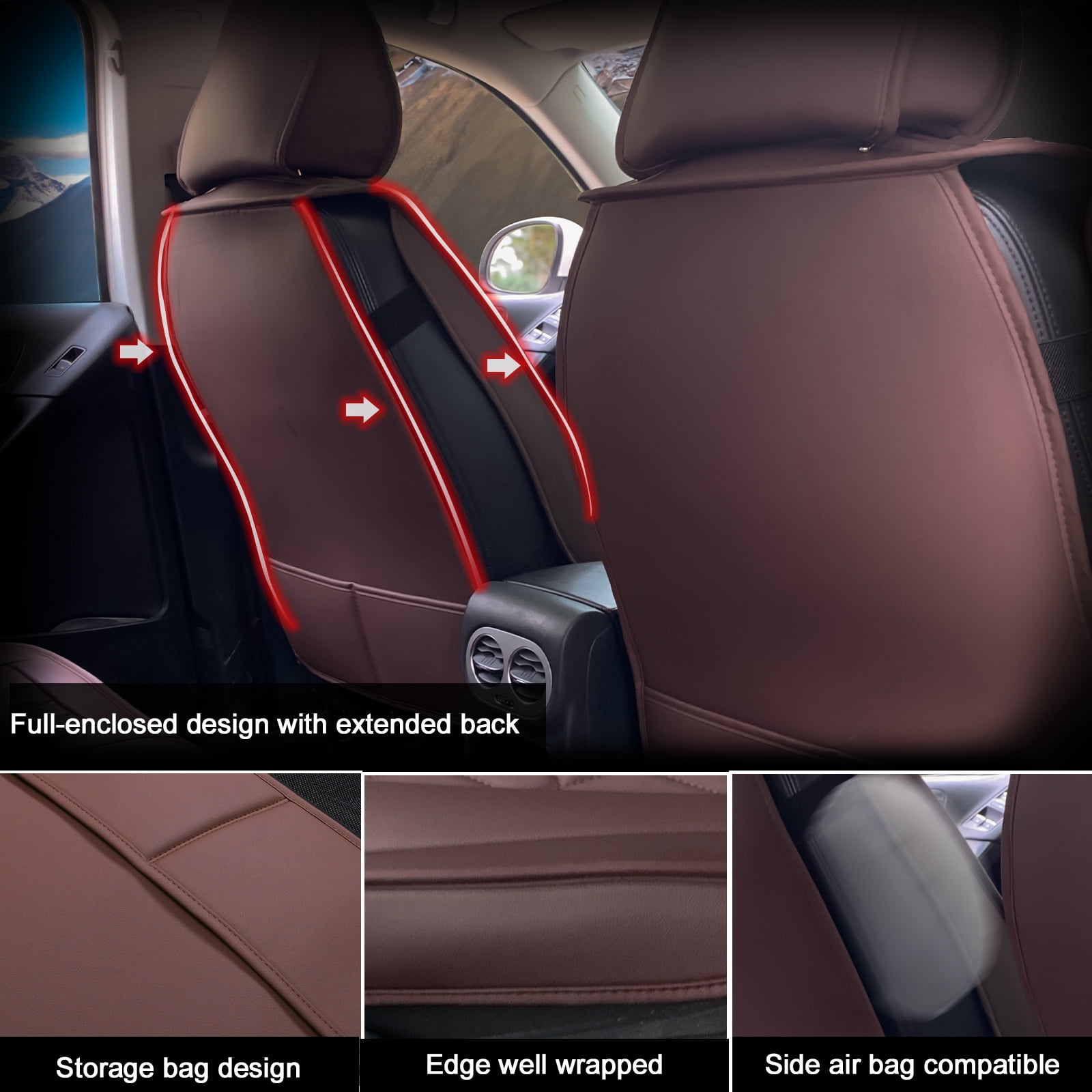 Ikon Motorsports Universal Car Seat Covers 04 Style Brown PU Leather Front Second Row Auto Seat Cover Cushion Protectors 5-Seat Full Set