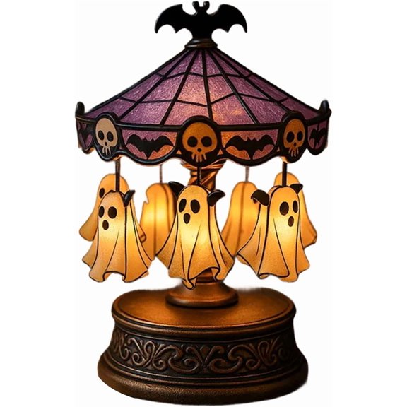 COOLHOOD Specter CarouselLight Halloween Desk Lamp, Vintage Decor with FloatingGhost, Bats & Skeletons, Warm Mood Lighti