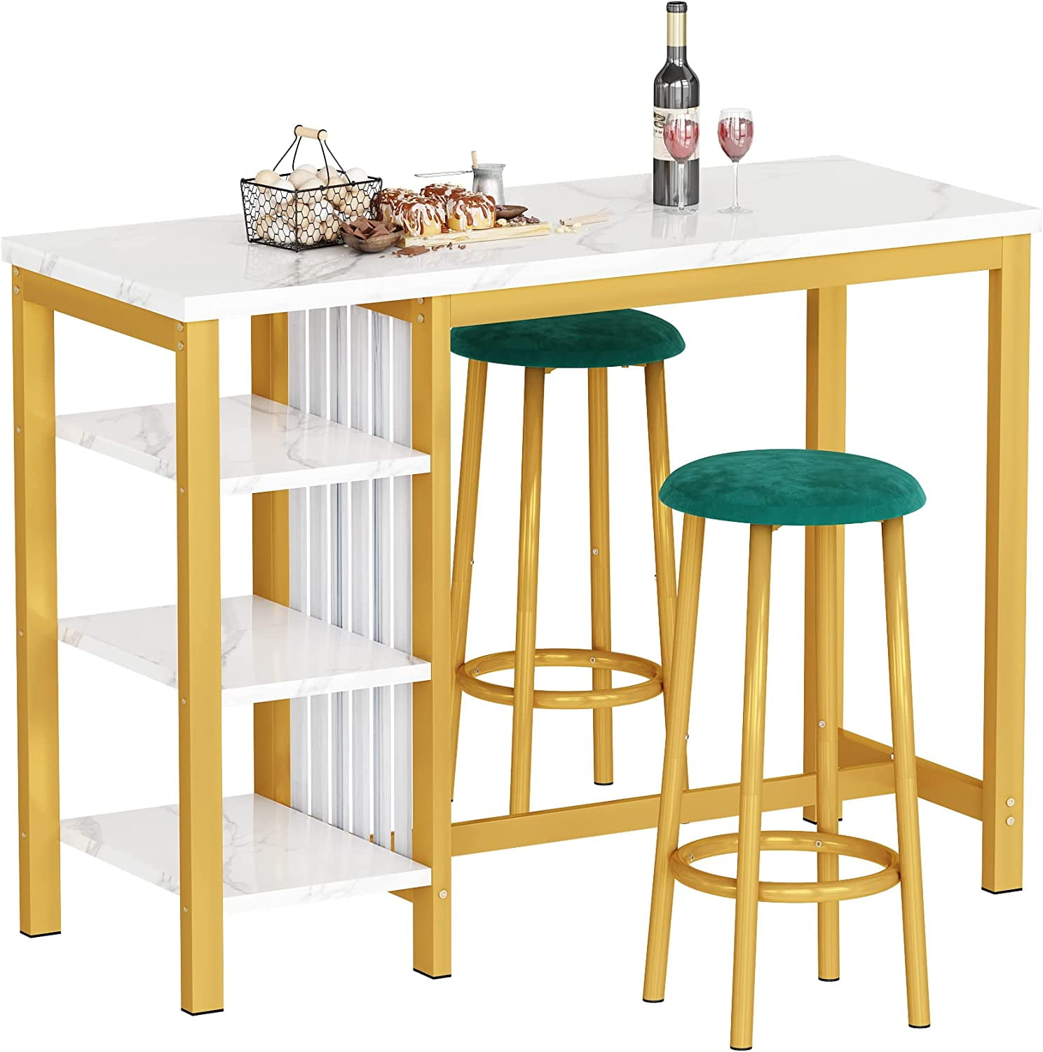 Recaceik Gold Bar Table with Storage, Small Kitchen Table Set for 2