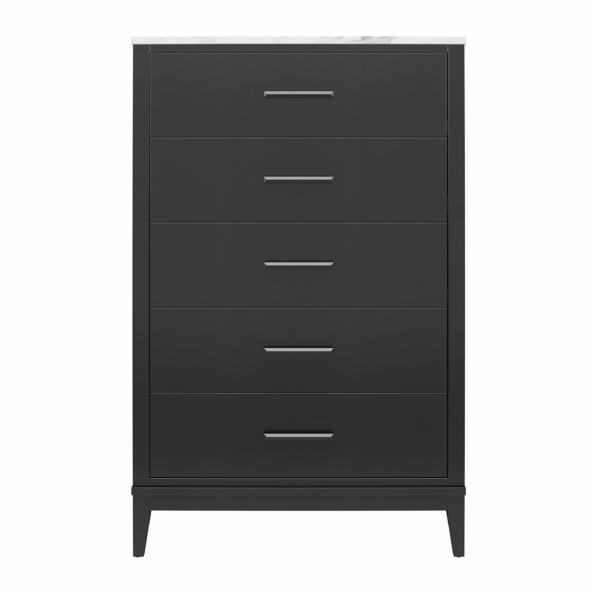 Ameriwood Home Amberleigh Tall 5 Drawer Dresser, Black w/ White Faux Marble Top