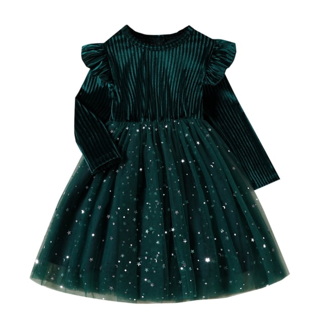 Hfolob Robes d'Été pour Filles Enfants Manches Longues Étoile Sequins Robe Fluide Décontractée 12-18 Mois