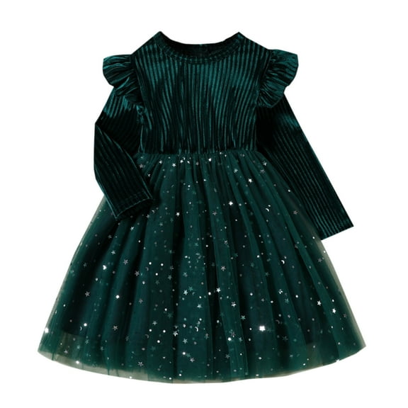 XUELUO Toddler Girl Star Glitter Dress Long Sleeve Dark Green Velvet Ribbed Tulle Skirts Ruffle Shoulder Gown For Gatherings
