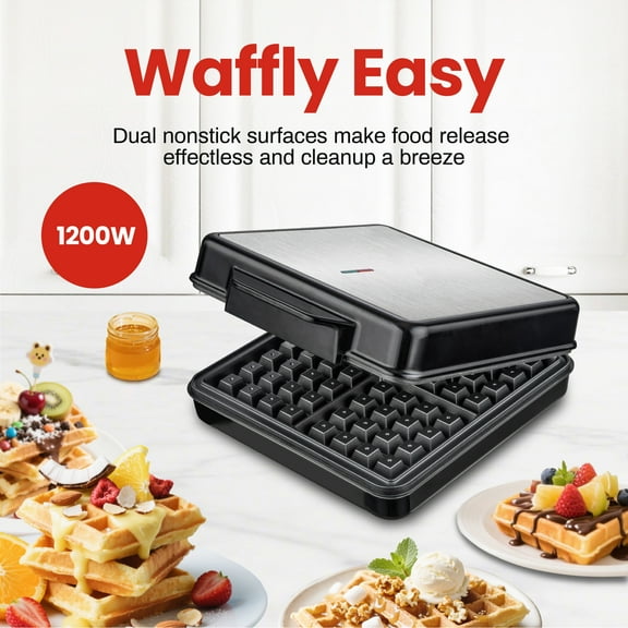 4 Slice Waffle Maker with Easy to Clean, Stainless Steel, Black & Silver, 1200W