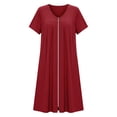thumbnail image 5 of Women's Front Zipper Housecoat, Short Sleeve Pleated Duster Robe, Loose Fit Casual Nightgown Loungewear with Pockets, 5 of 7