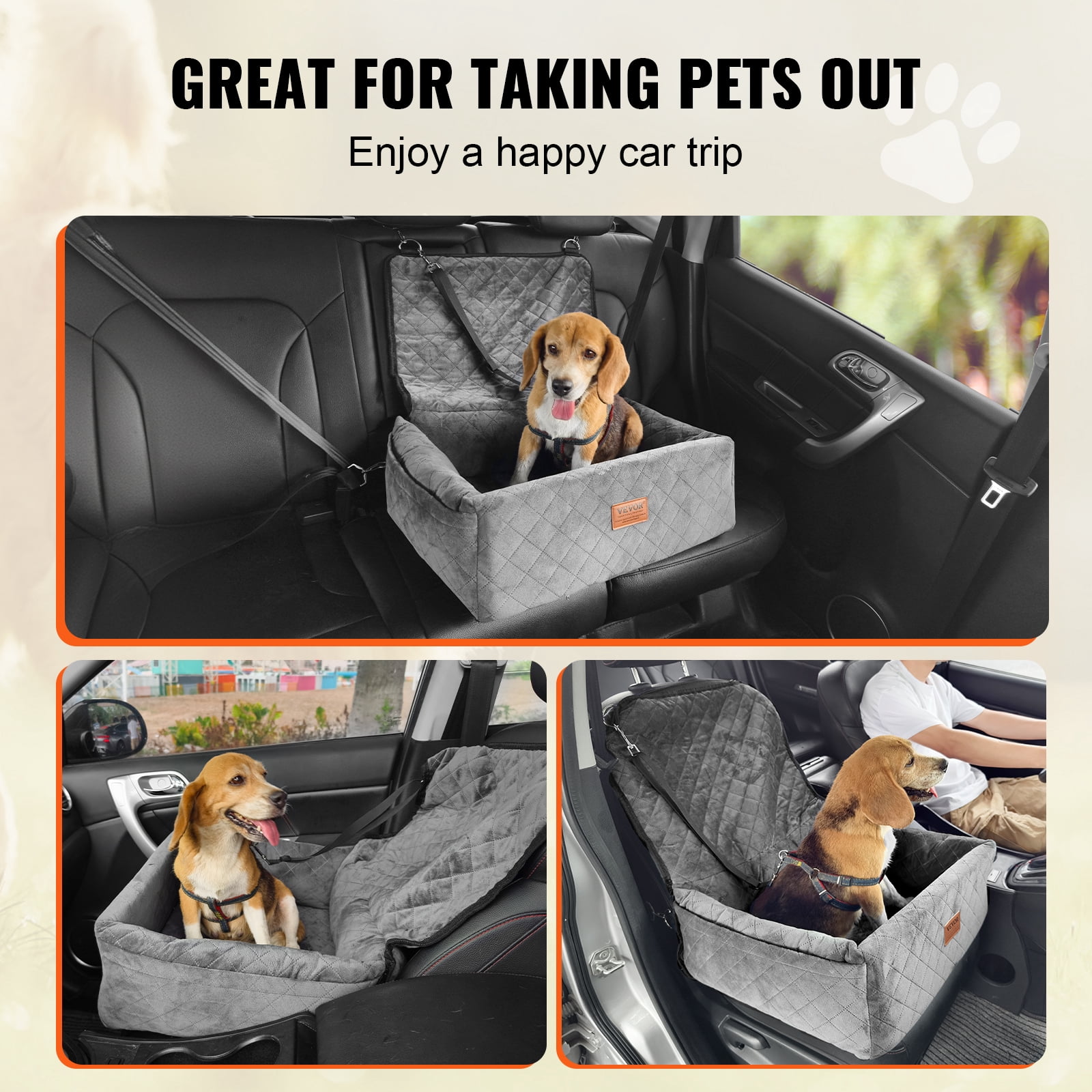 VEVOR Dog Car Seat, Dog Booster Seat for Car with A Storage Pocket, Clip-On Safety Leash, Sponge and PP Cotton Filling, Dog Car Bed for Small & Medium Dog up to 40lbs, Gray