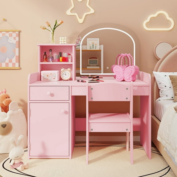 Lofka Pink Princess Kids Vanity Set with LED Lights & Stool | Makeup Dressing Table with Shatterproof Mirror, Storage Shelves & Cabinet | ASTM/CPSIA Safe for Girls 3