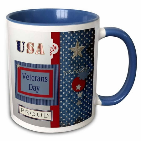 3dRose Patriotic Stars and Words in Blue, Silver, White and Red, Veterans Day - Two Tone Blue Mug,