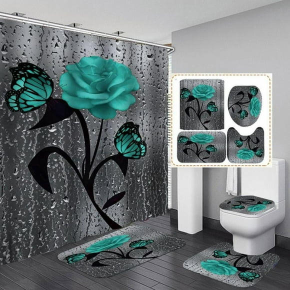 4 Pcs Teal Gray Rose Shower Curtain Sets with Non-Slip Rug Toilet Lid Cover and Bath Mat Blue Rose Shower Curtain with 12 Hooks Waterproof Raindrops Shower Curtain for Bathroom 16 Piec