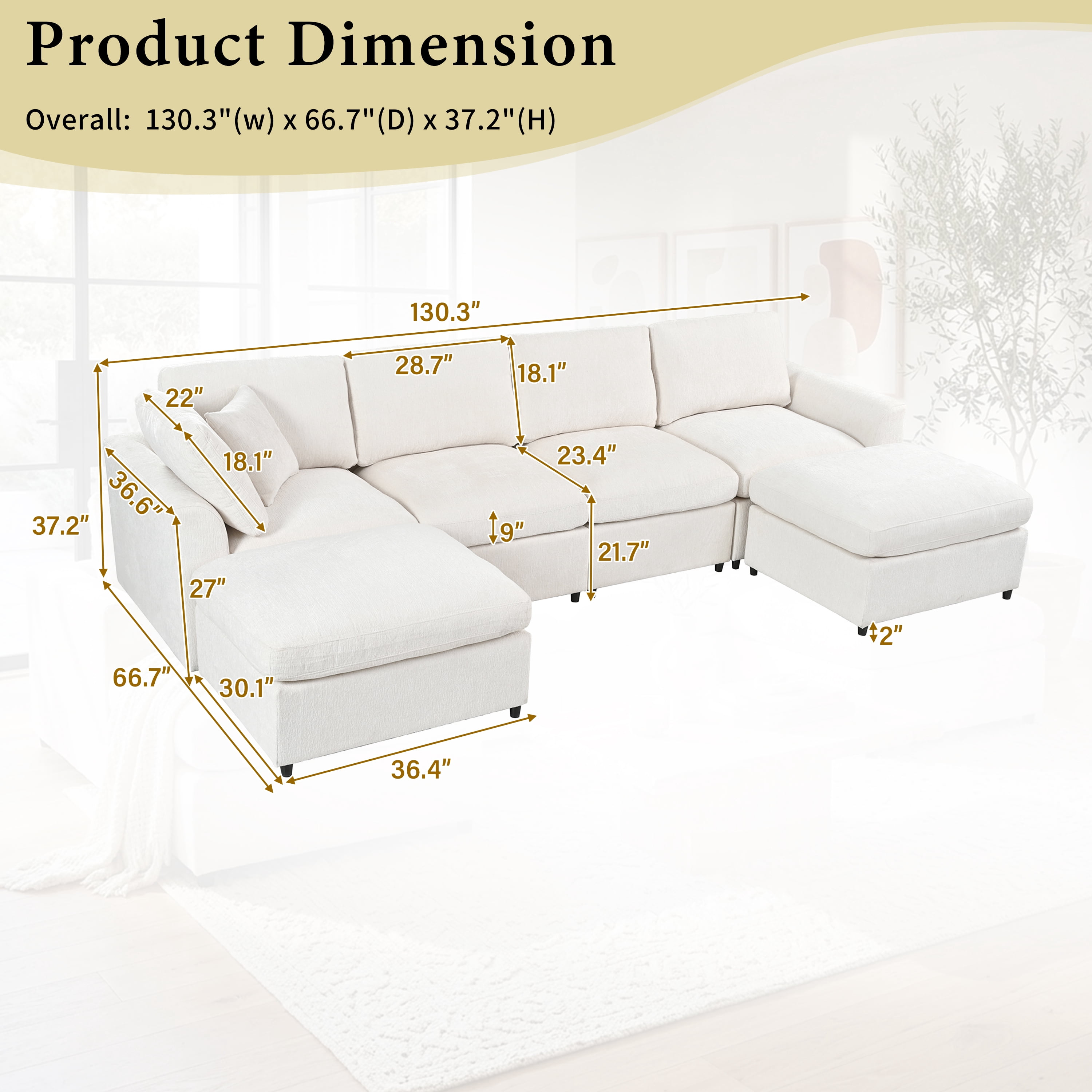 Howcool 130.3"W U-Shaped Modular Sectional Sofa with 2 Movable Ottomans,6-Seater Chenille Upholstered Sofa,Deep Seat Sofa Couch for Living Room and Apartment,Beige