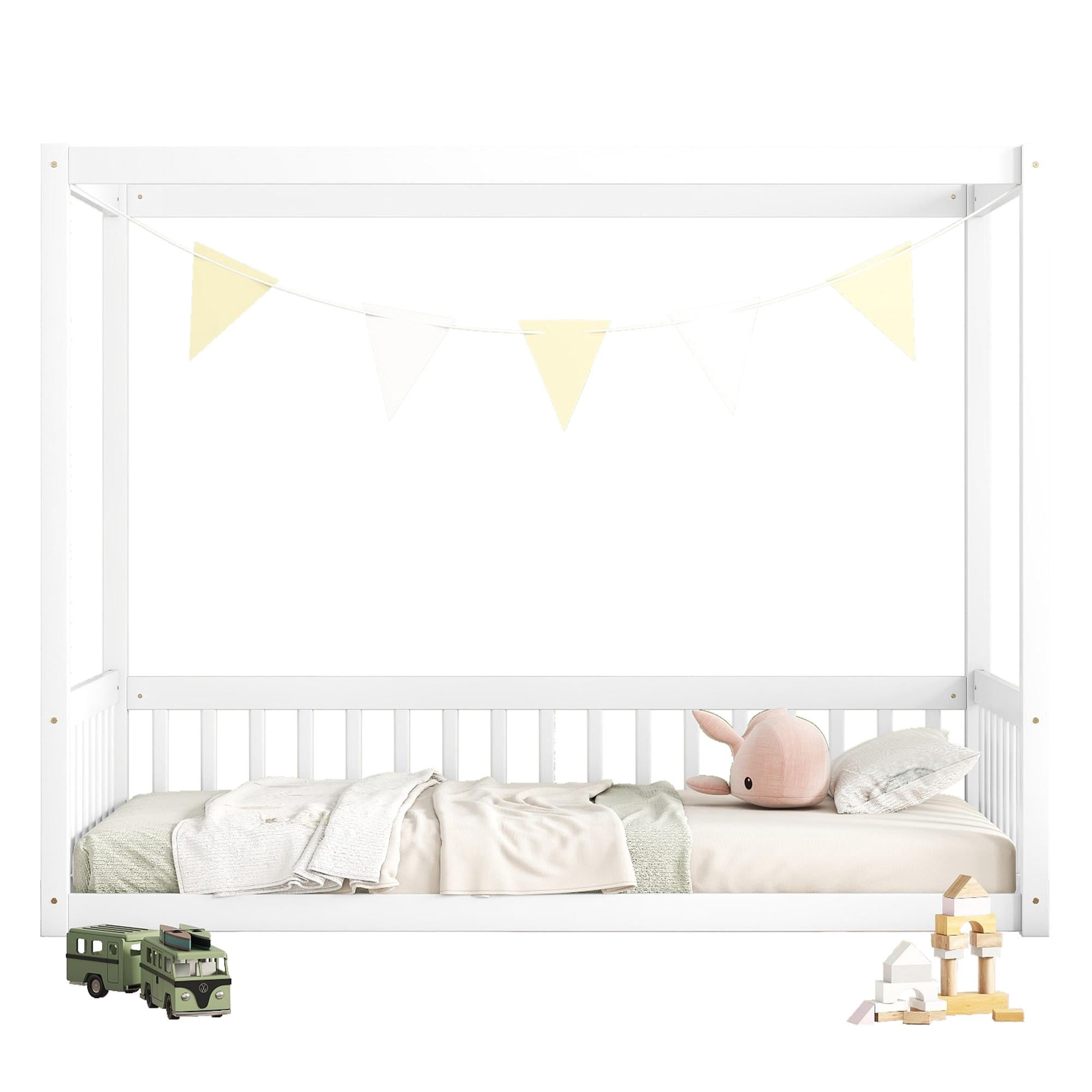 PORKISS Kids Montessori Floor Bed, Twin Size Floor Bed with Fence and Canopy for Girls Boys, White