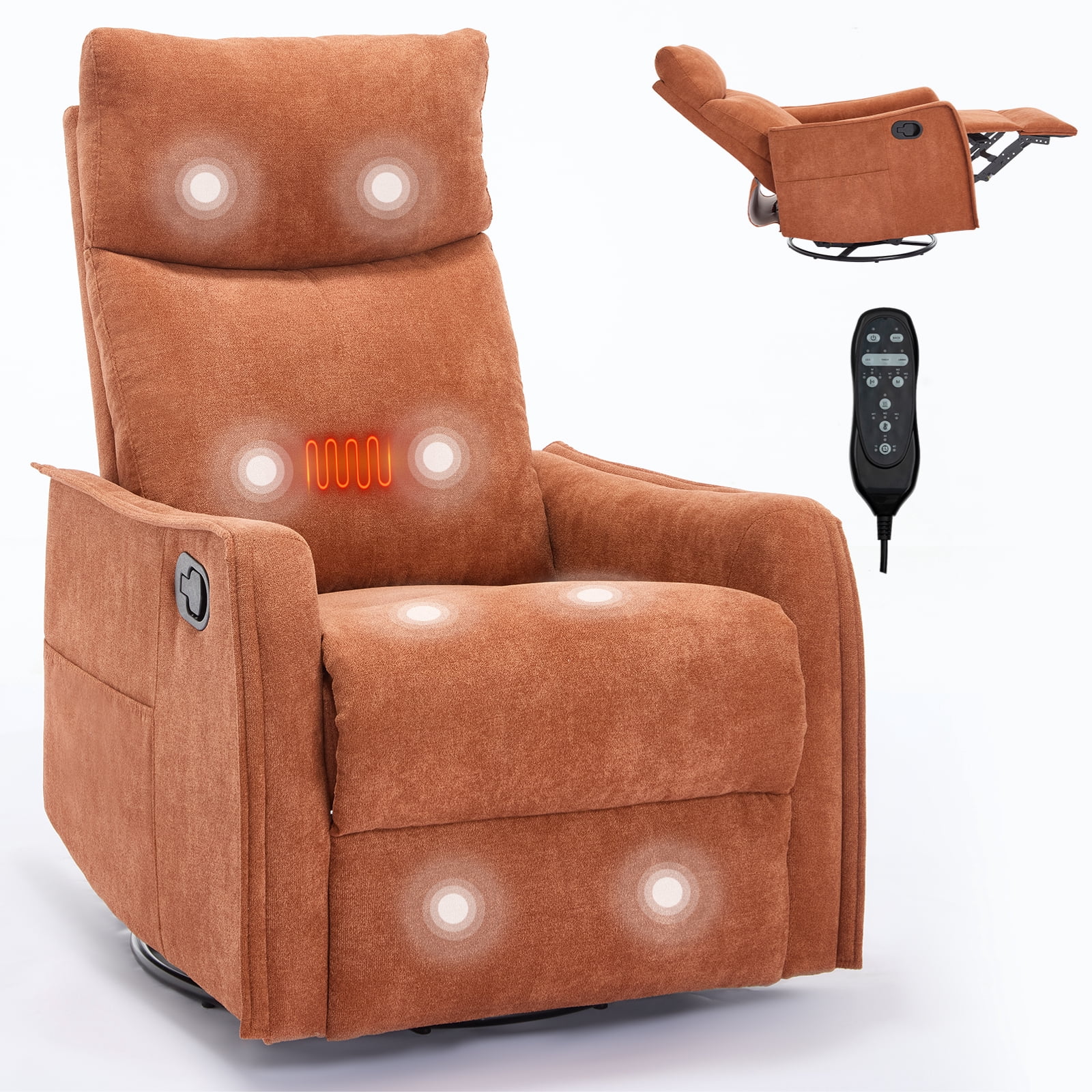 Gewnee Chenille Multifunctional Swivel Rocking Chair, 360° Swivel, Massage & Heating, for Living Room, Office and Home Theater,Orange