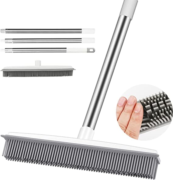 Push Broom Pet Hair Removal Broom with Squeegee, Soft Silicone Bristle Broom with 47" Adjustable