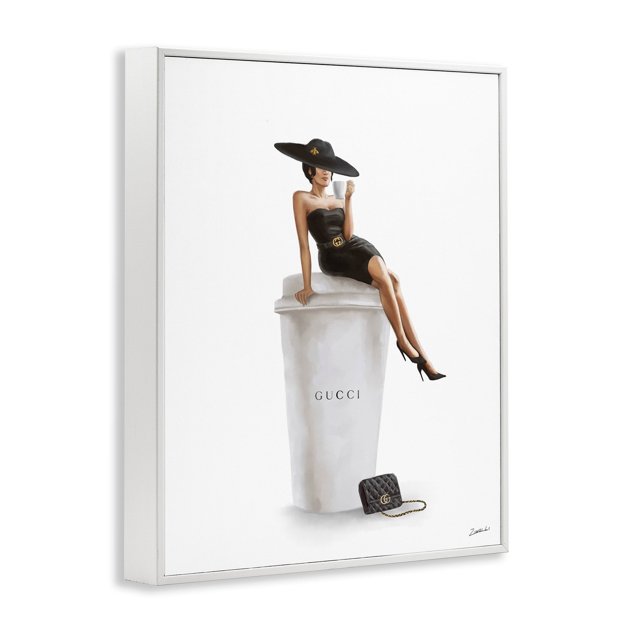 Stupell Industries Stylish Fashion Female Pose Coffee Designer Purse Graphic Art White Framed Art Print Wall Art, 24x30, by Ziwei Li