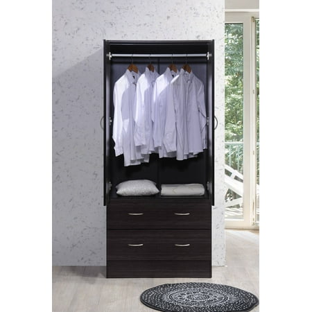 Hodedah Two Door Wardrobe with Two Drawers and Hanging Rod, Chocolate