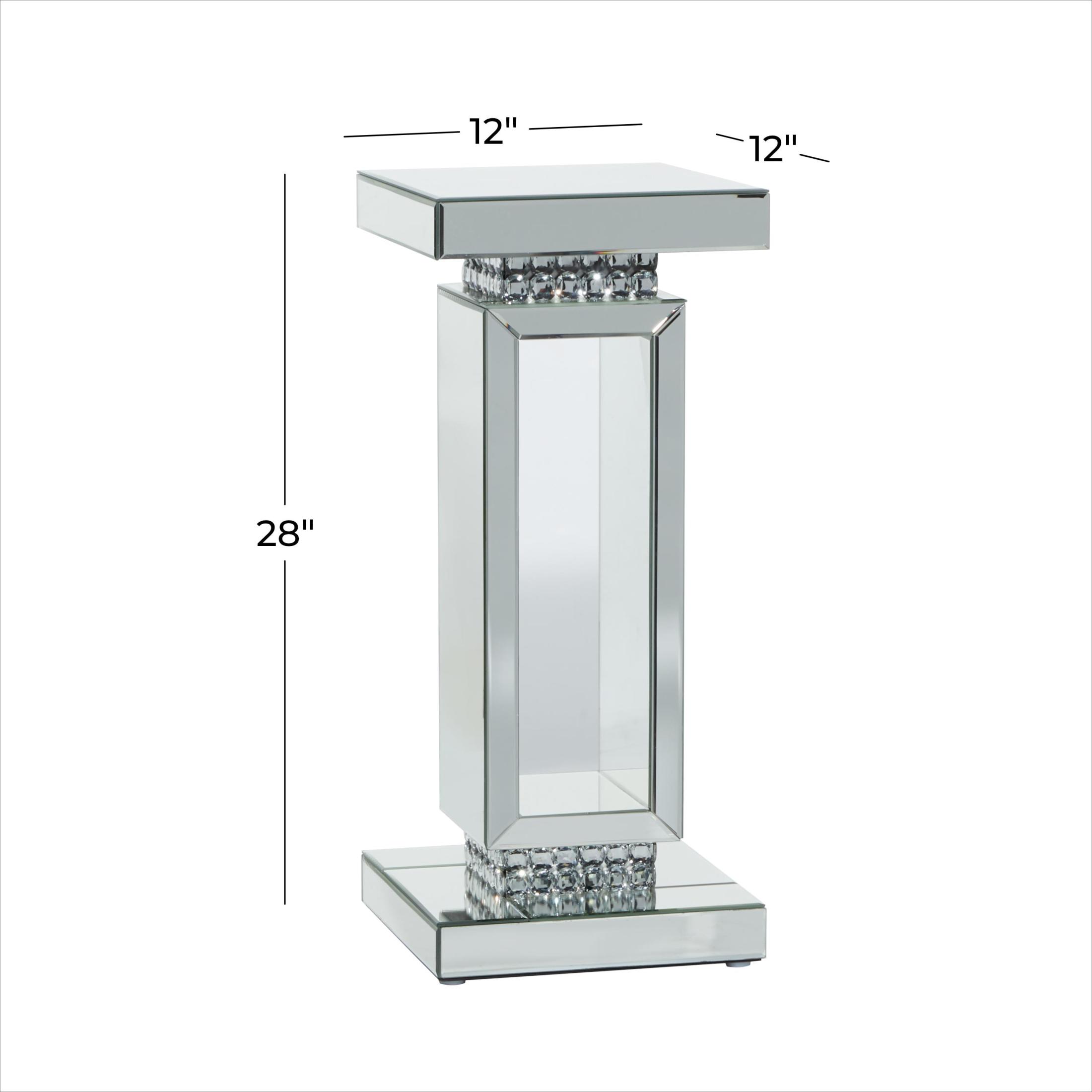 DecMode 12" x 28" Silver Glass Cutout Mirrored Pedestal Table with Beaded Crystal Accents, 1-Piece