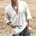 thumbnail image 2 of Men's Long Sleeve Cotton Linen Shirts Lace Up Solid Color Mid Sleeve Fashion Casual Shirts Casual Summer Beach T Shirts, 2 of 5
