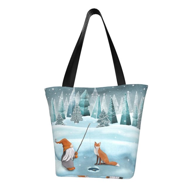 Fotbe Gnome And Red Fox Fishing Bolsa de Playa con Estampado, Bolsa de Hombro, Bolsa de Mano Espaciosa, Bolsa de Viaje Ligera, Bolsa de Compras Versátil