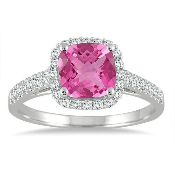 SZUL Women's 5MM Cushion Cut Pink Topaz and Diamond Halo Ring in 10K White Gold