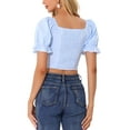 thumbnail image 3 of INSPIRE CHIC Smocked Crop Top for Women's Bubble Sleeve Peasant Gingham Plaid Tops XS Light Blue, 3 of 6
