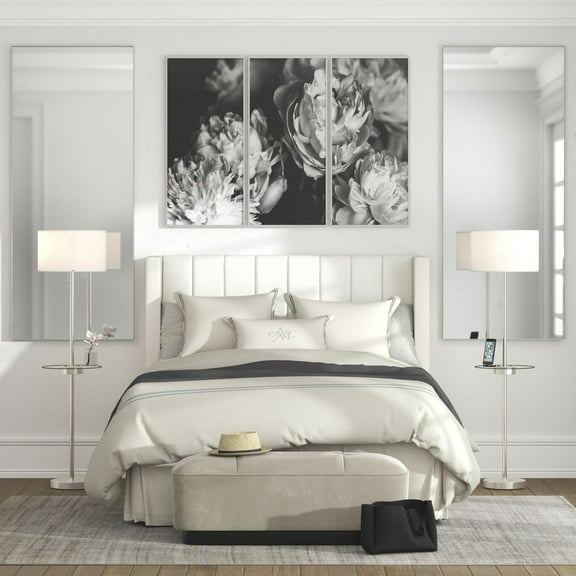 360 Lighting Caper Modern Floor Lamps with Tray Table 60 1/2" Tall Set of 2 Brushed Nickel USB and Outlet Off White Fabric Drum Shade for Living Room