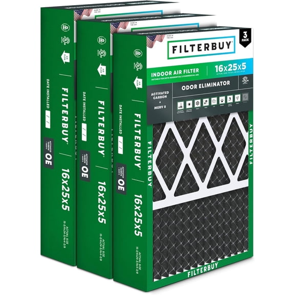 Filterbuy 16x25x5 Air Filter MERV 10 Odor Defense, Pleated HVAC AC Furnace Filter Replacement for Honeywell & More, 3-Pack