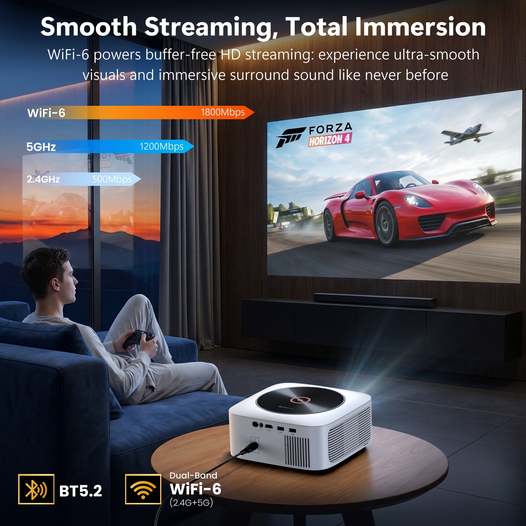 HAPPRUN 1500 ANSI Lumens Smart Projector with Built-in Streaming Apps, 4K Decoding Movie Projector with WiFi & Bluetooth, Dolby Audio, Auto Focus & Keystone, Outdoor Projector for Home Theater