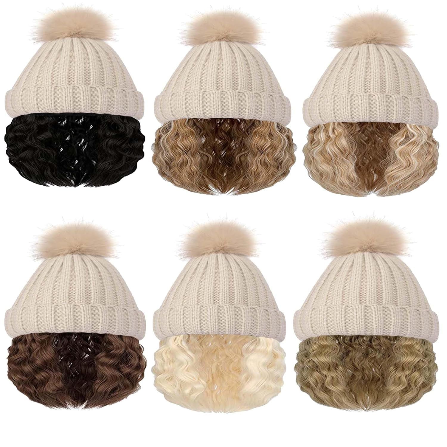 YEKEYI Beanie Wig Hair Extensions Warm Knitted Beanie Hat with Hair Wavy Hair Extension Synthetic Hairpiece for Women
