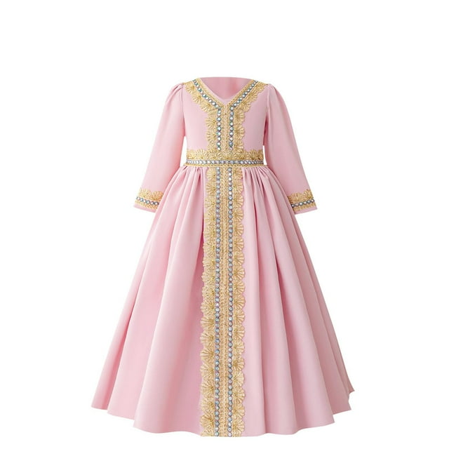 Bwiyojiz Tailles Mode 110-140 Robe pour Enfants Musulmane Exquise Brodée Plaquée à Manches Longues à Col en V Princesse Ample Robe Fête Mariage