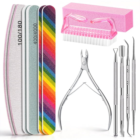 MORGLES 13 PCS Nail Care Kit, Stainless Steel Manicure Tools Set with Nail Files, Buffer, Cuticle Pusher & Brush for Home Use, Pink
