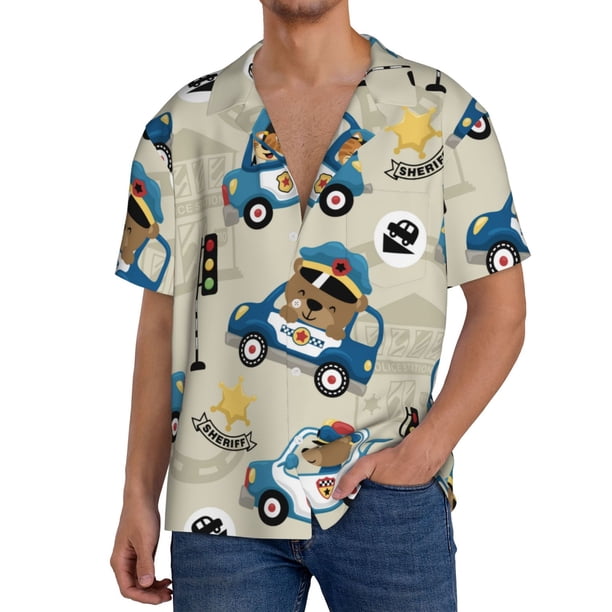 Balery Animals Driving Police Car Camisa Casual de Manga Corta con Botones para Hombre, Texturizada, Estilo Cubano, para Playa, Verano-Large