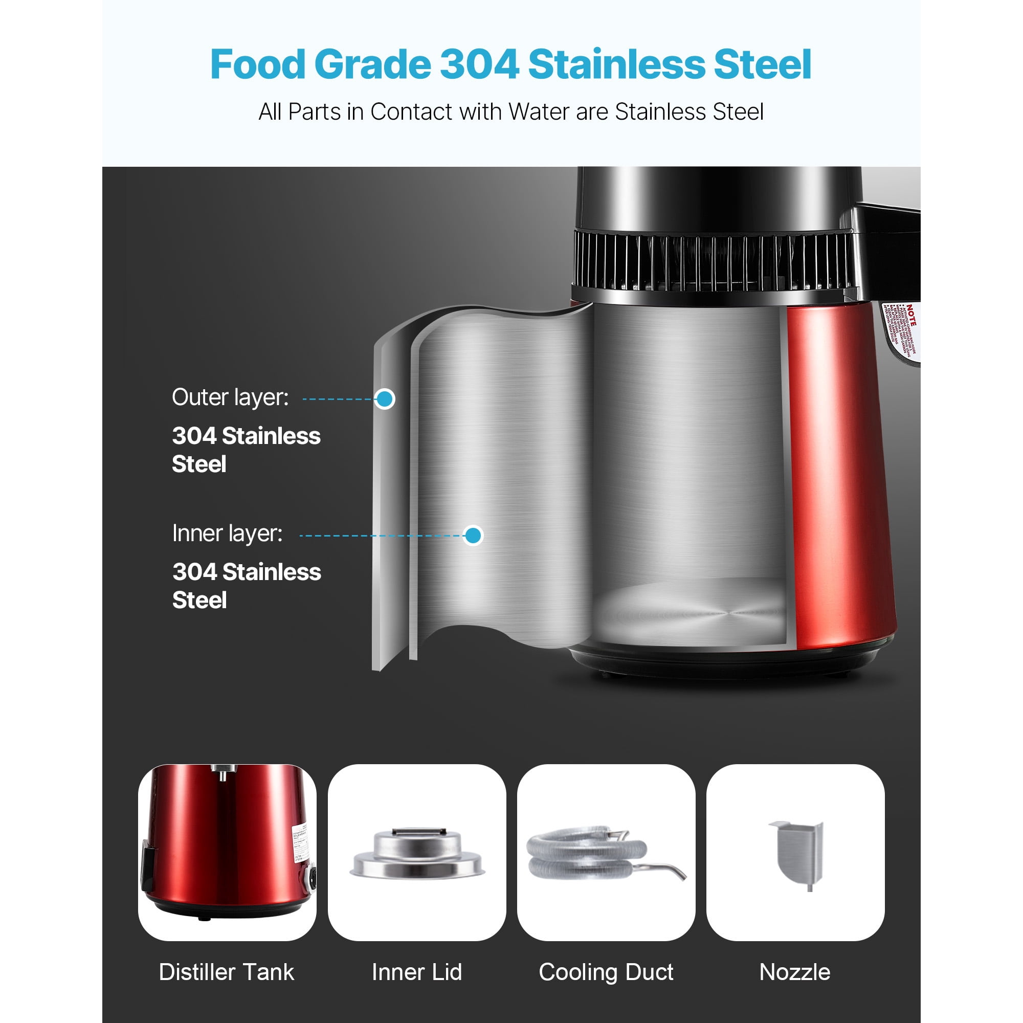 KFFKFF 4L 1.1 Gallon Water Distiller for Home Use, 1750W Countertop Purifier with Glass Container, Stainless Steel Interior for Producing Clean Drinking Water, Red