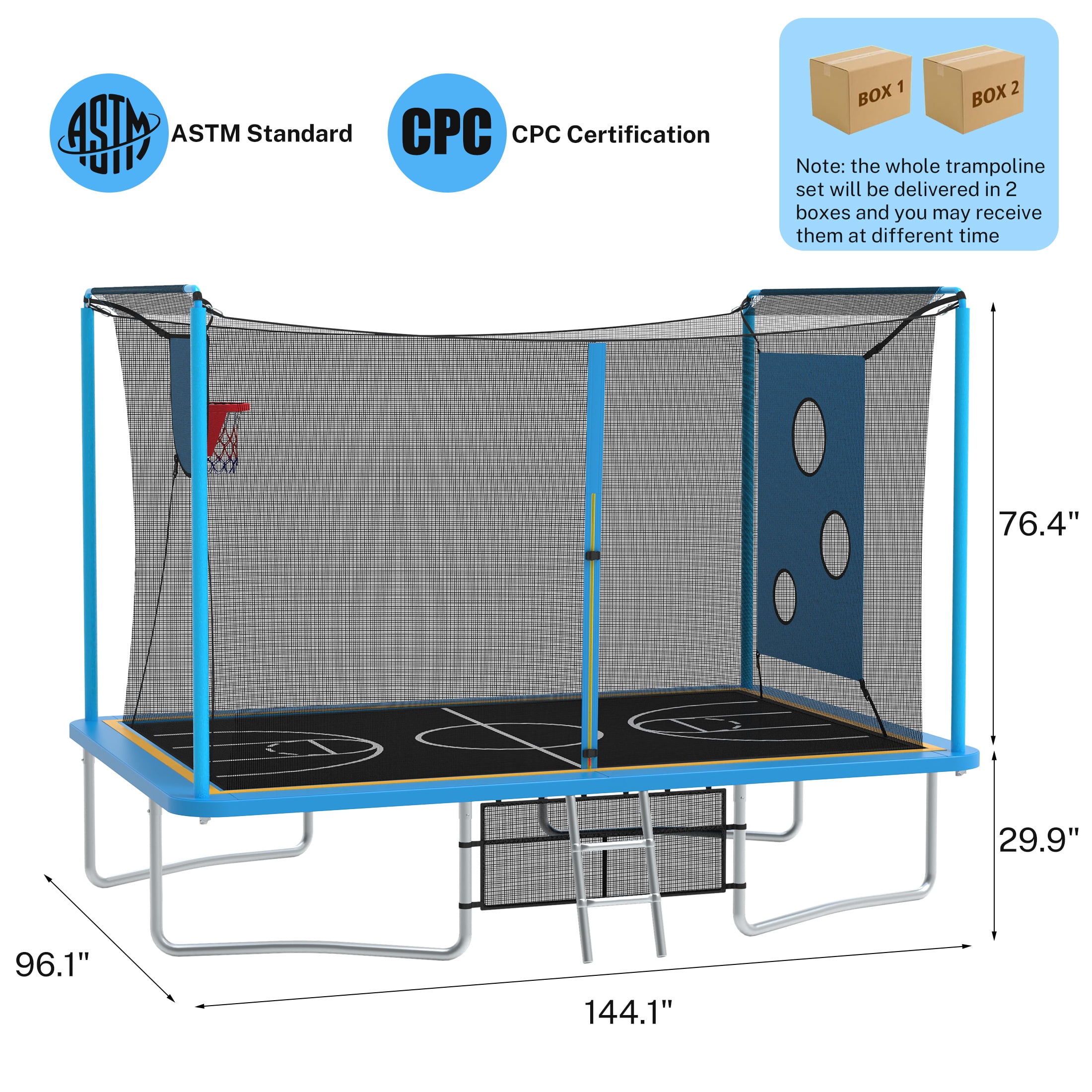 8 ×12FT Large Trampoline for Kids and Adults, SHINPT Outdoor trampoline with 2 Basketball Hoops, Big Trampoline with 360° Safety Net, Kids Trampoline Outdoor with Football Net with 1600LBS Capacity