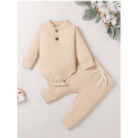 

Baby Knitting Romper Lace-up Pants Round Collar Long Sleeves Buttons Top Ruffle Jogger Trousers