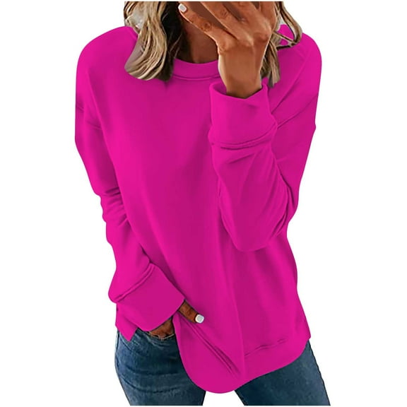 gakvbuo Fall Women Long Sleeves Casual Shirts Color Round Neck Sweatshirt Pullover Loose Tunic Tops
