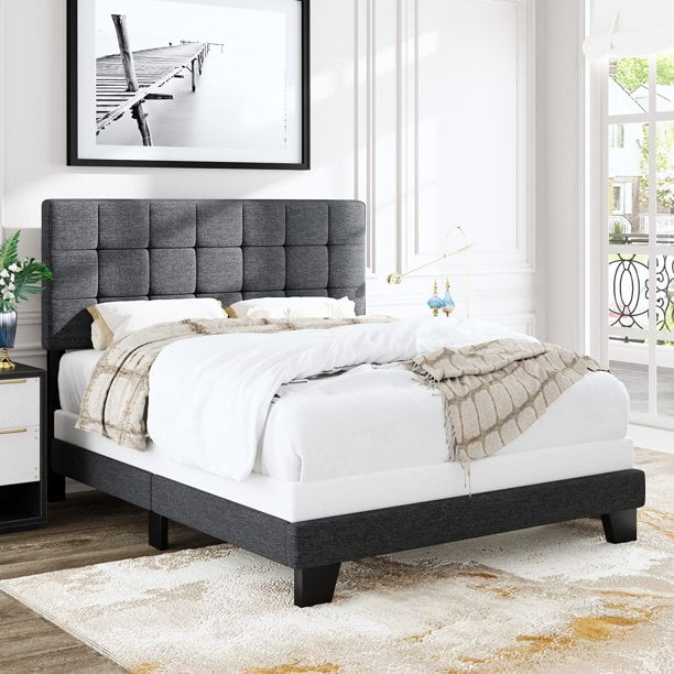 Upholstered Fabric Queen Size Platform Bed Frame With Wood Slats in Gray 