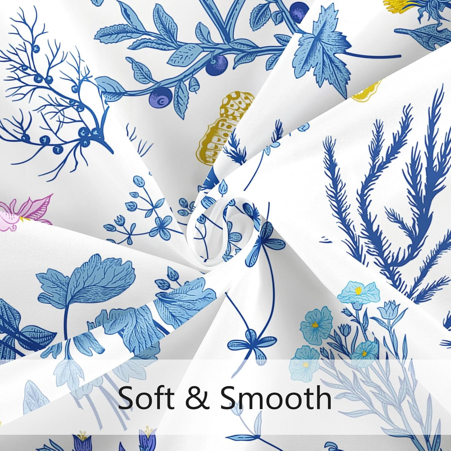 Extra Long Shower Curtain 72 x 84 Inch, Tall Blue Floral Fabric Shower Curtain, Cute Botanical Herbs Flower Butterfly Aesthetic Bathroom Shower Curtain Set with Hooks