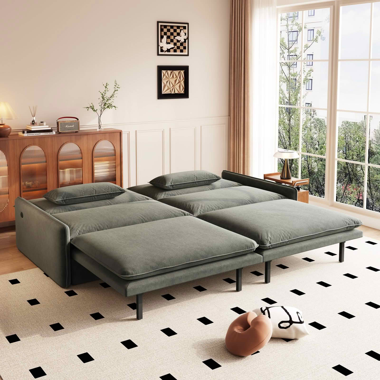 MAYEERTY 81.1" 4‑Seat Convertible Sleeper Sofa Bed, Cloud‑Like Chenille Couch with Storage, USB Port and 2‑in‑1 Pillows