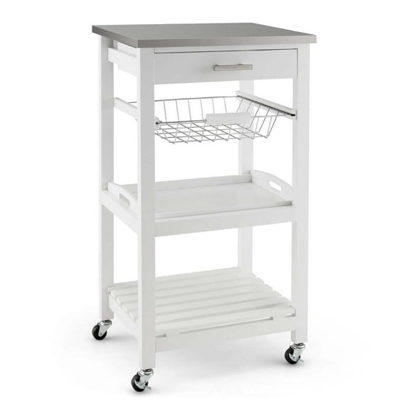 Kitchen Island Cart Rolling Kitchen Trolley with Stainless Steel Utility Storage Cart Restaurant Hotel Serving Cart with Casters, Drawer, Basket and Shelf (White)